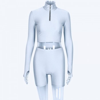 Long sleeve zipper high neck casual crop tops shorts 2 pieces sets autumn winter women fashion solid set